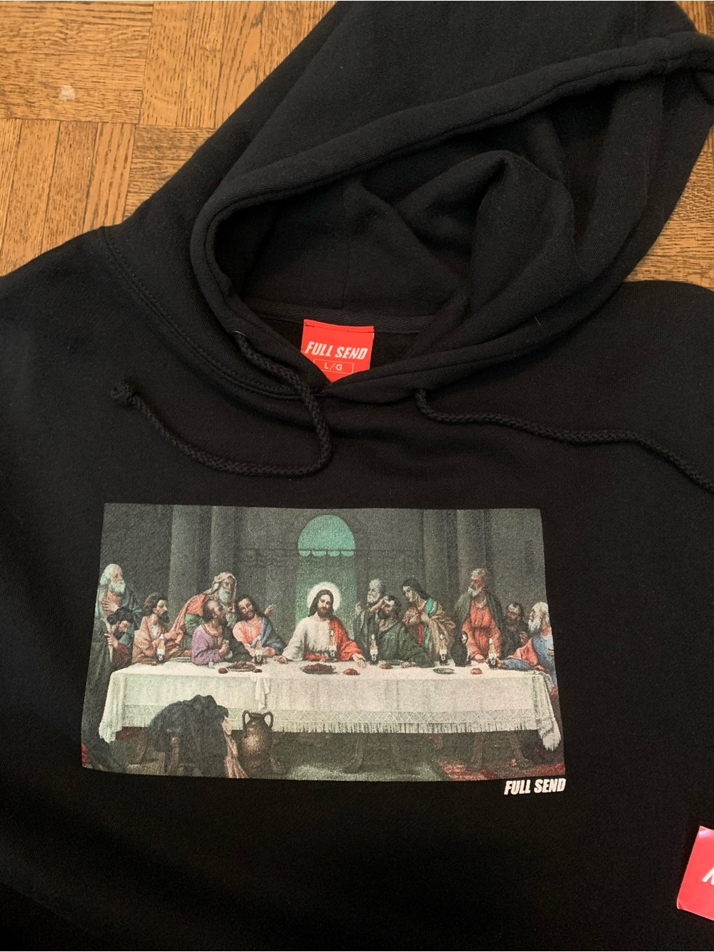 Full Send Black Graphic Hoodie with Last Supper Print